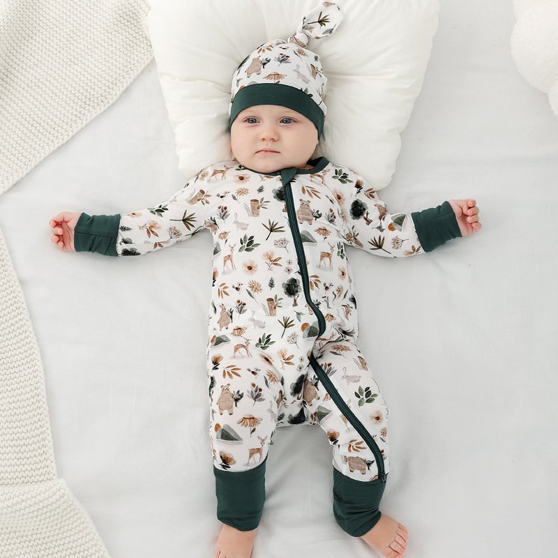 custom design all over printed boutique high quality custom infant bamboo baby zipper jumpsuit newborn clothes 0-3 months 6993