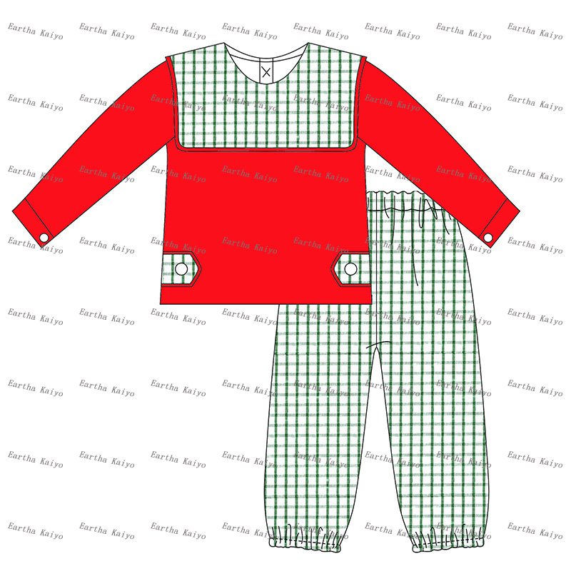kid clothing wholesale green gingham Christmas bib collar monogram woven pants sets baby boy clothes