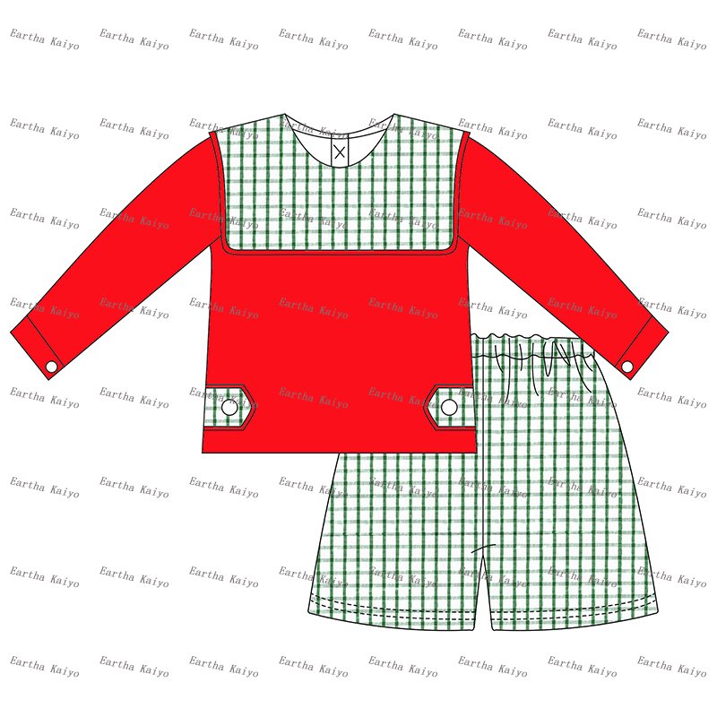 kid clothing wholesale green gingham Christmas bib collar monogram woven pants sets baby boy clothes