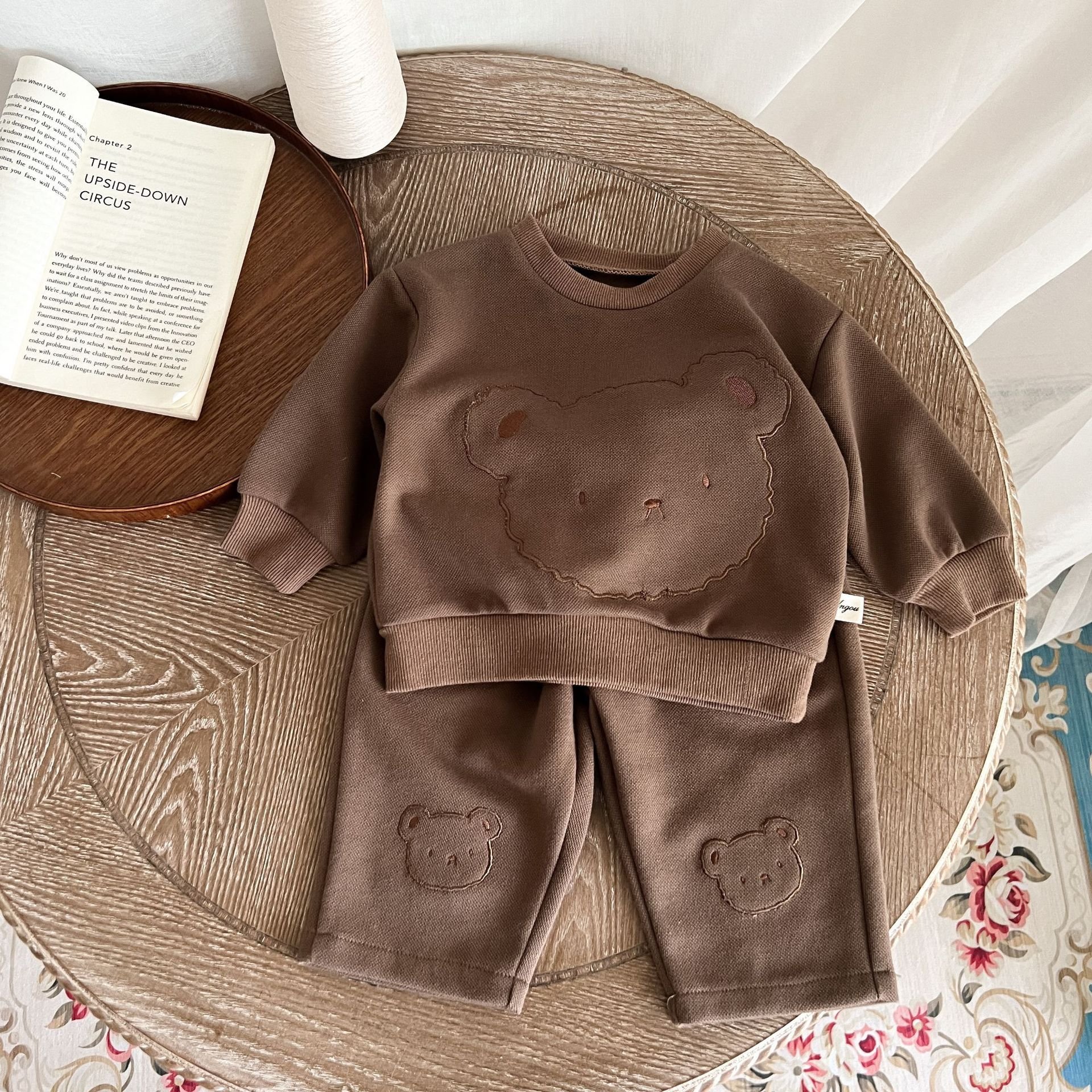 Autumn Baby and Toddler Bear Casual Suit Boys and Girls Baby Printed Strap Pants Baby Cartoon Pullover Sweater Pants