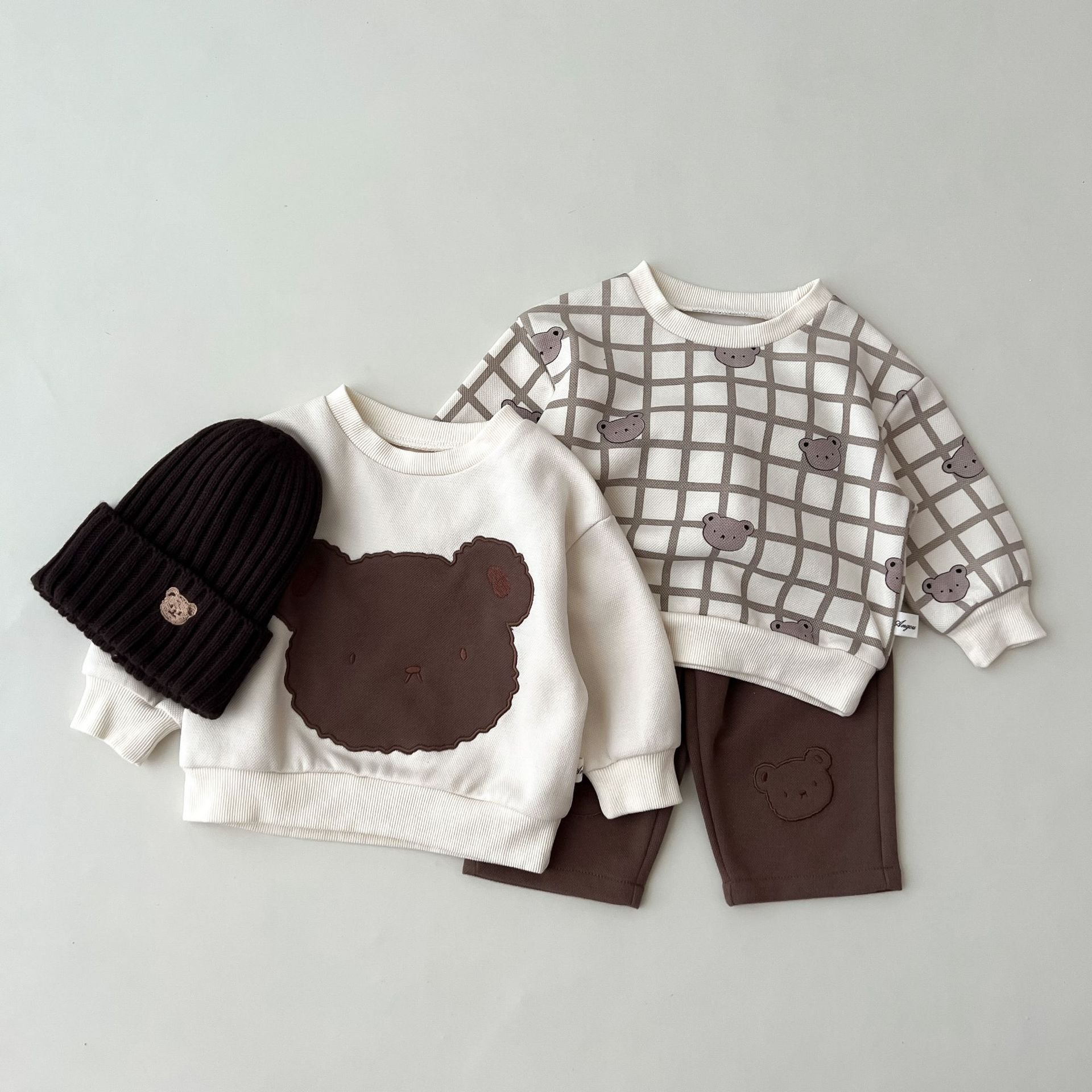 Autumn Baby and Toddler Bear Casual Suit Boys and Girls Baby Printed Strap Pants Baby Cartoon Pullover Sweater Pants