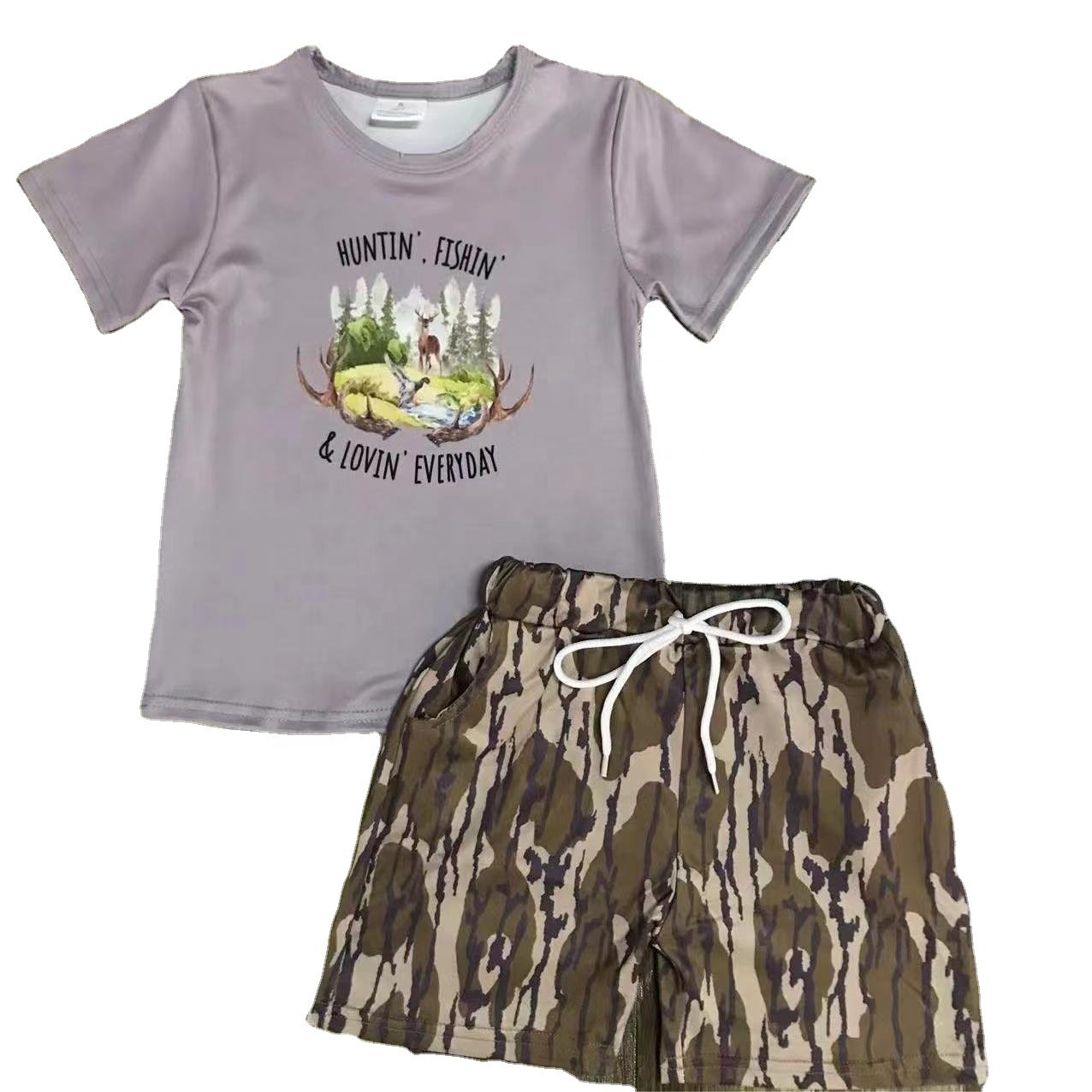 wholesale Children's suit pocket grey top tank truck camouflage shorts suit boys clothing sets