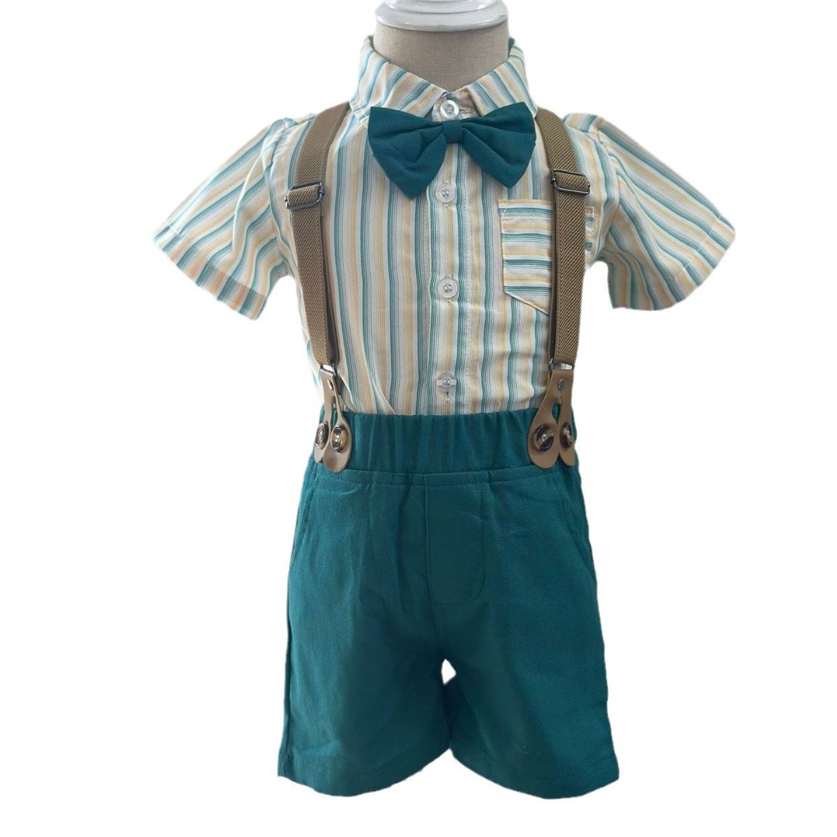 Korean Style Stripes Kids Overall Shorts 2pcs Set Lapels Cotton T-Shirts Summer Boy Suspender Pants Wholesale