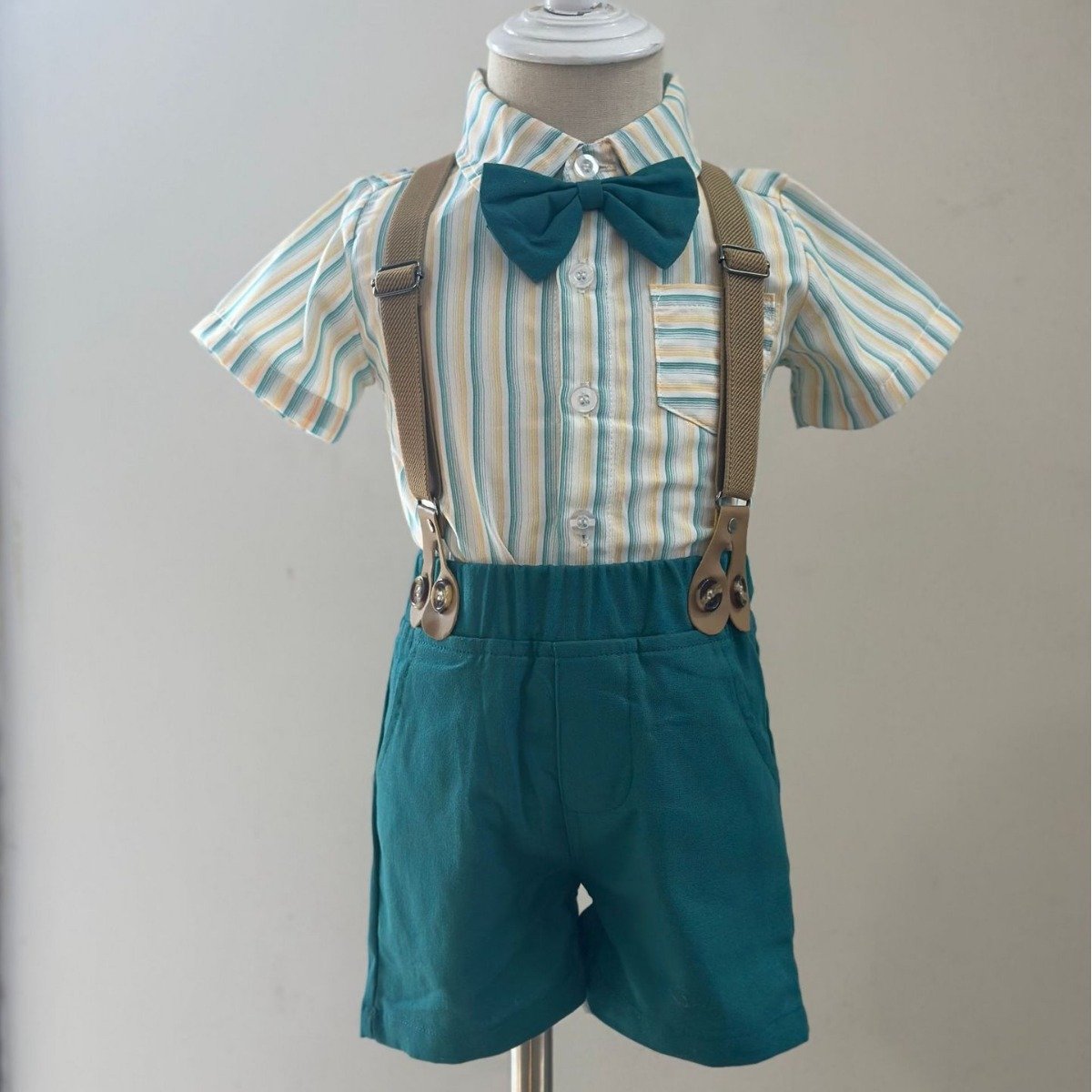 Korean Style Stripes Kids Overall Shorts 2pcs Set Lapels Cotton T-Shirts Summer Boy Suspender Pants Wholesale