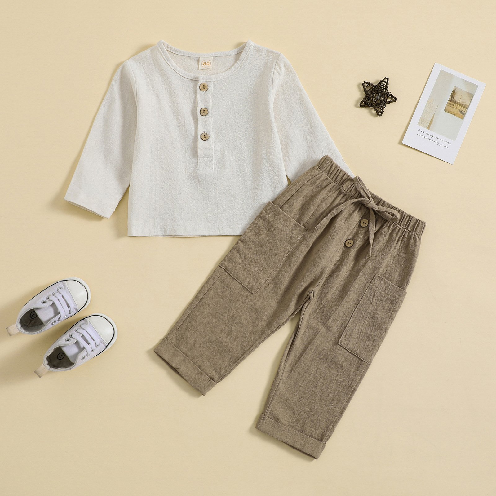 New Style Boys' Home Clothes Casual Trousers Suit Organic Cotton Long Sleeve T-shirt Pants 2Pcs Solid Children Outfits