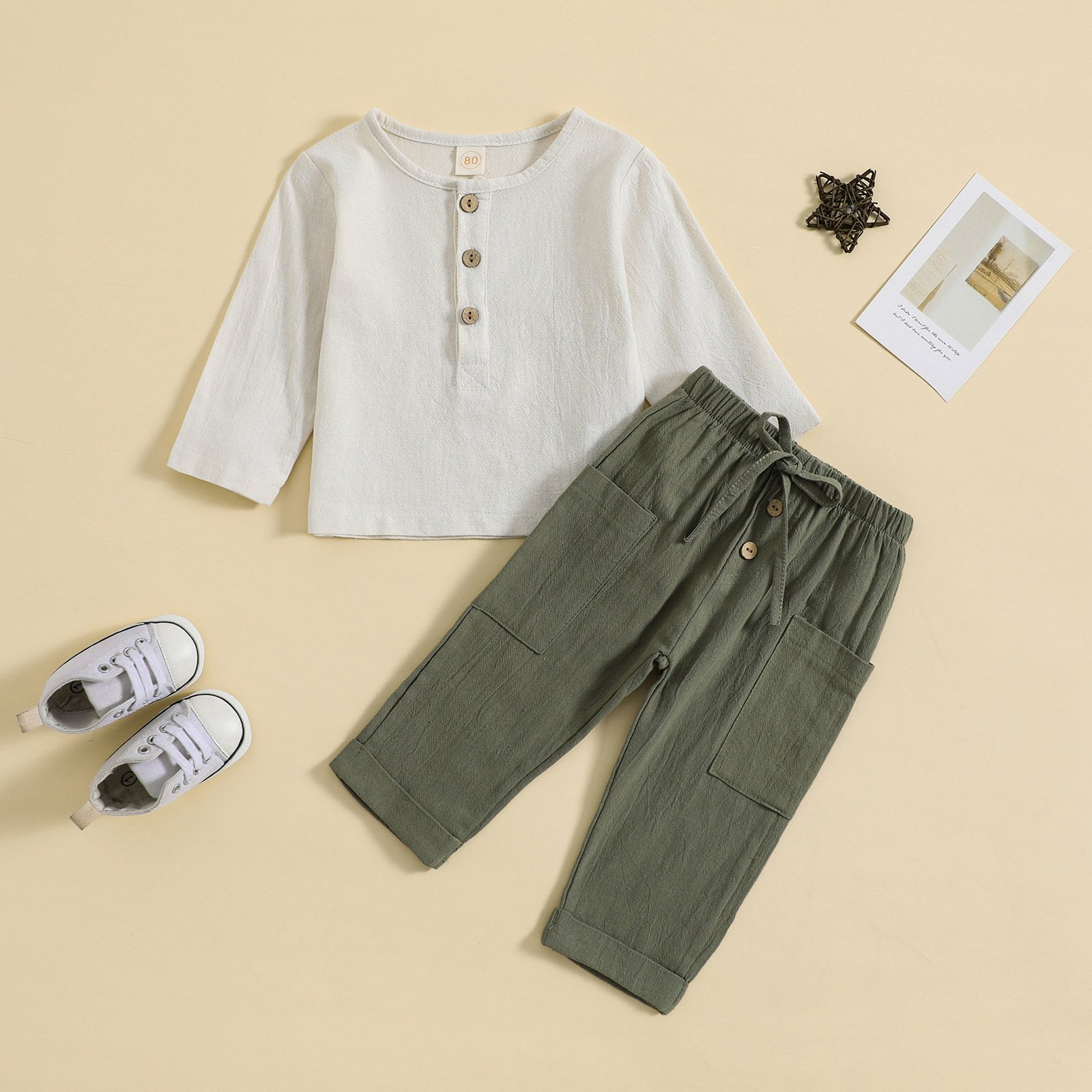 New Style Boys' Home Clothes Casual Trousers Suit Organic Cotton Long Sleeve T-shirt Pants 2Pcs Solid Children Outfits