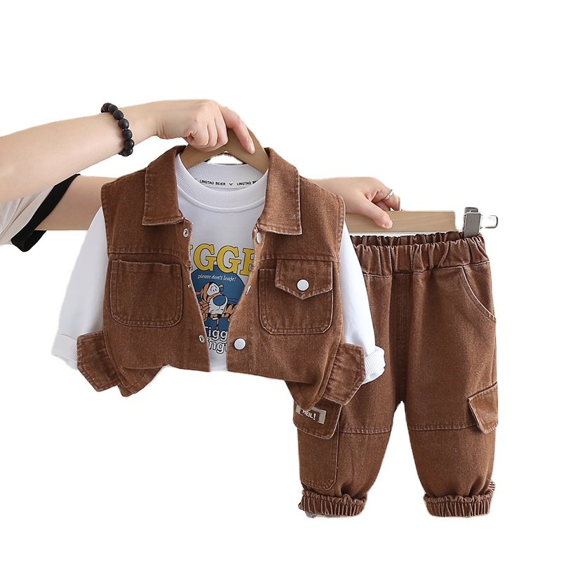 2024 Fashion Boys Casual Clothes Spring Autumn Cartoon Clothing For Boys Shirt+Vest+Pants Children Denim 3 Piece Set