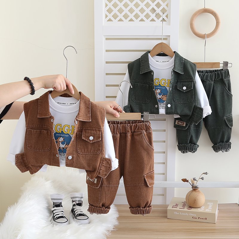 2024 Fashion Boys Casual Clothes Spring Autumn Cartoon Clothing For Boys Shirt+Vest+Pants Children Denim 3 Piece Set