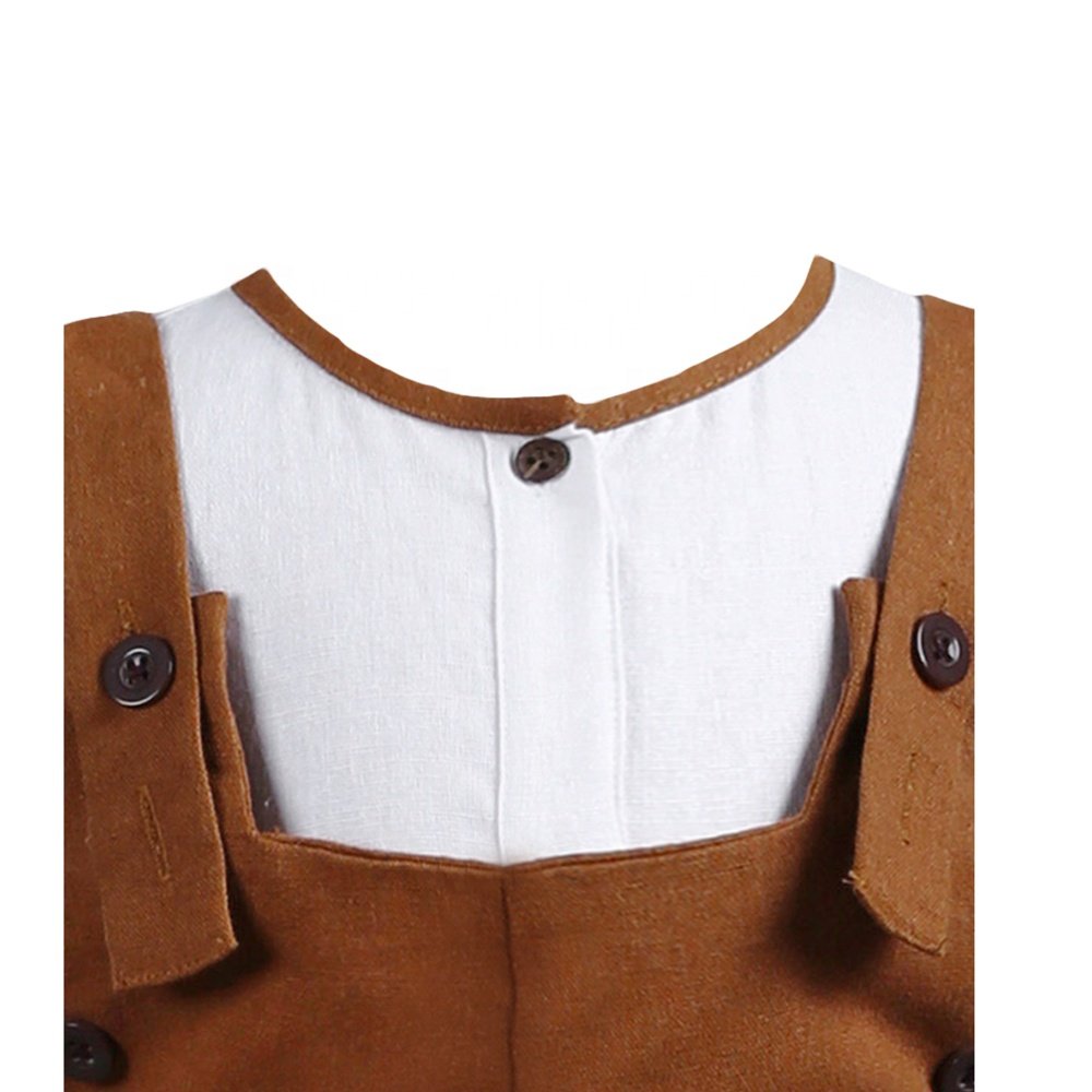 High Quality Manufacturer Vintage Baby Boy Clothing Set Short Sleeves Shirt, Brown Overalls 2 Pieces Outfits - Linen Set