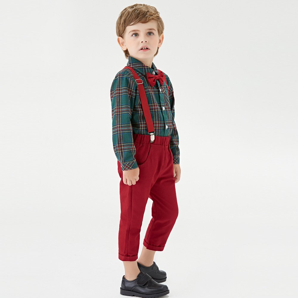 Children's Christmas Clothing New Boys Plaid Long Sleeve Shirt Pants Set Handsome Kids Clothes