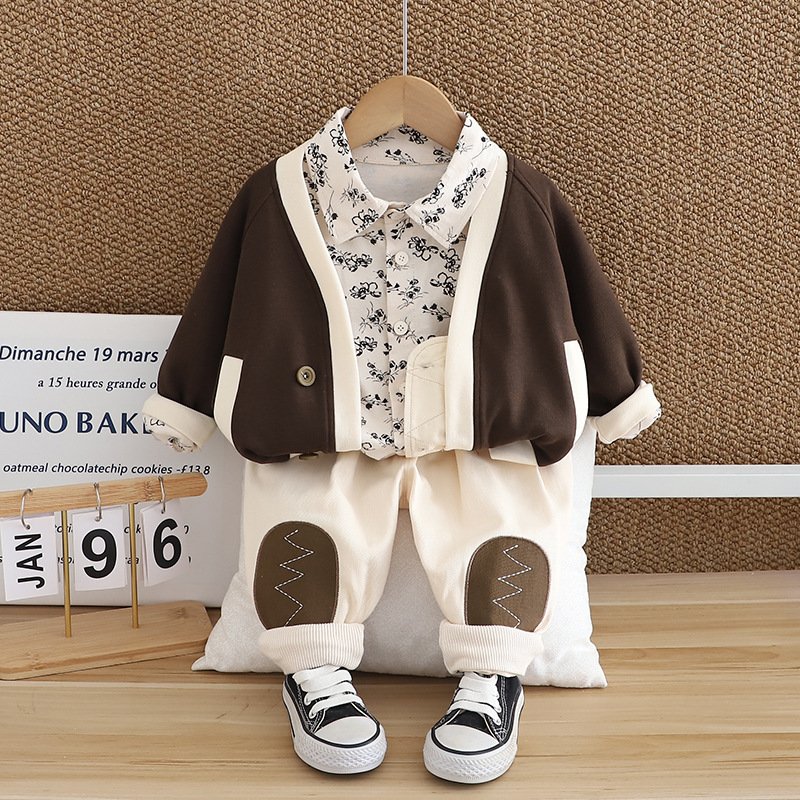 Korean Fashion Toddler Boys Clothing Sets Spring Autumn Cardigan Jacket Floral Print Lapel Shirt Pants 3Pcs Kids Clothing Boys