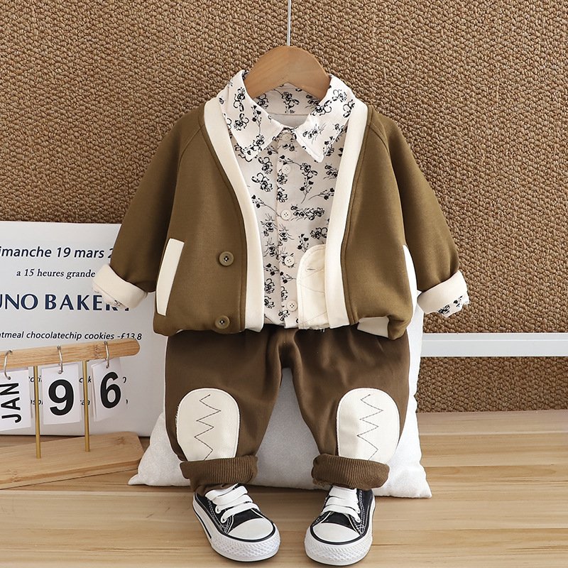 Korean Fashion Toddler Boys Clothing Sets Spring Autumn Cardigan Jacket Floral Print Lapel Shirt Pants 3Pcs Kids Clothing Boys