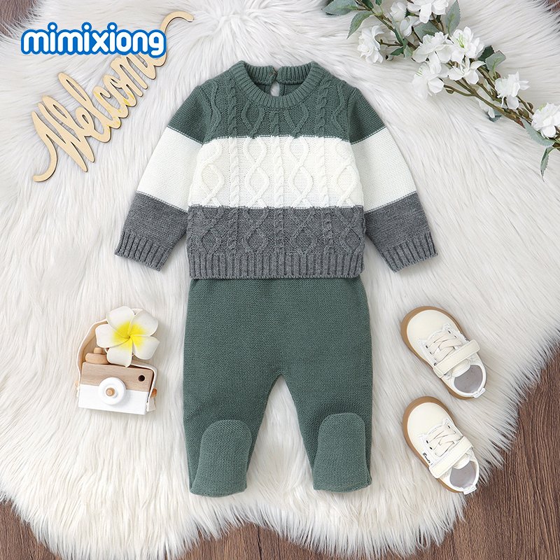 mimixiong New Design Baby Clothing Set Patchwork Knitted Long Sleeve Twist Baby Sweater + Footie Pants Set