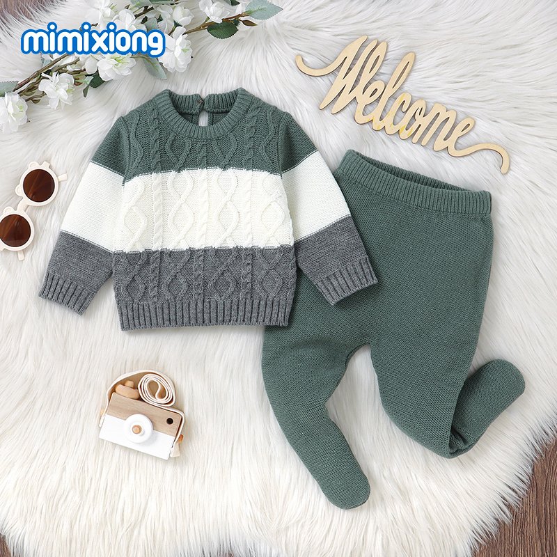 mimixiong New Design Baby Clothing Set Patchwork Knitted Long Sleeve Twist Baby Sweater + Footie Pants Set