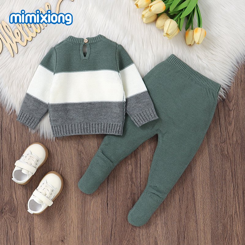 mimixiong New Design Baby Clothing Set Patchwork Knitted Long Sleeve Twist Baby Sweater + Footie Pants Set