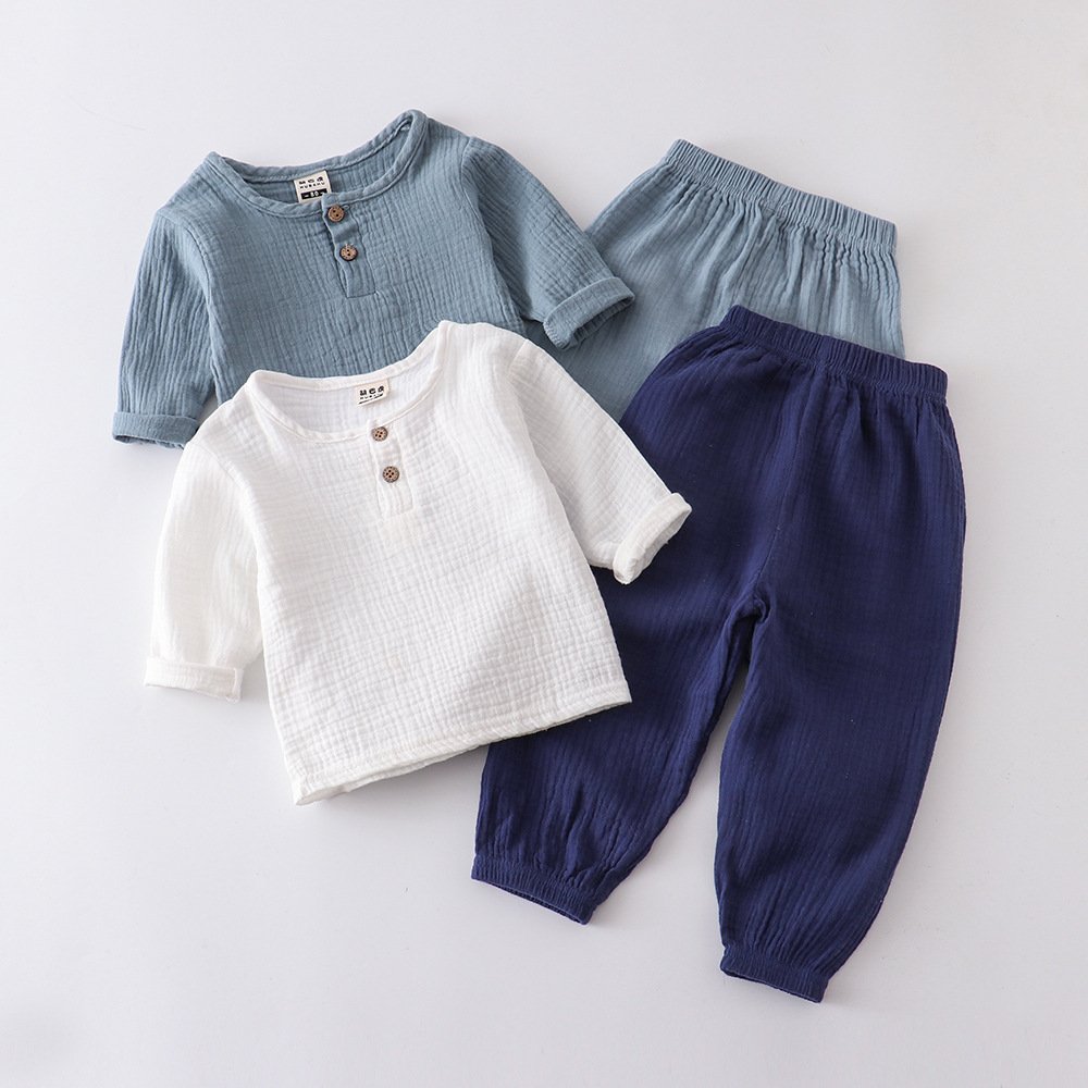 OEM Factory Supply Baby Solid Color Long Sleeve T Shirt and Pants Summer Autumn Muslin Linen Set for Boys