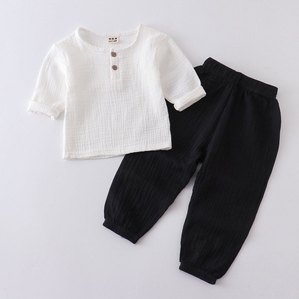 OEM Factory Supply Baby Solid Color Long Sleeve T Shirt and Pants Summer Autumn Muslin Linen Set for Boys