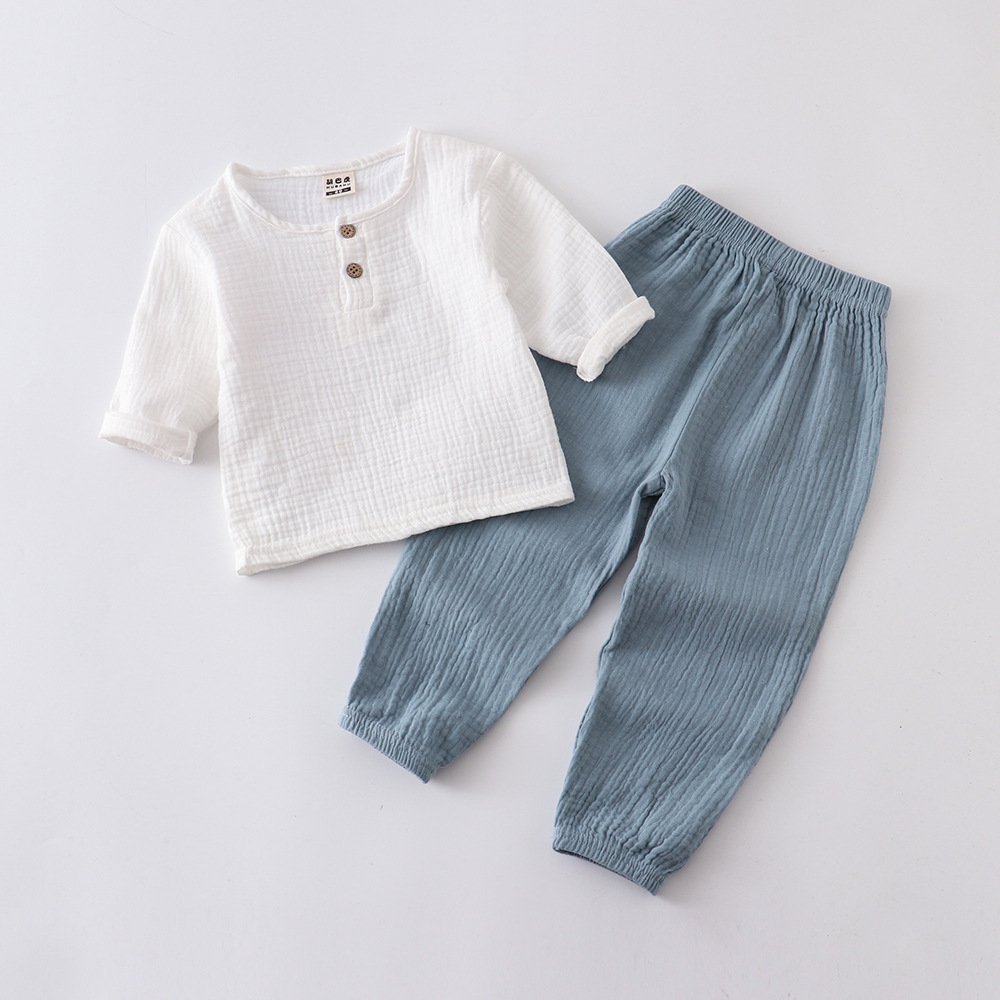 OEM Factory Supply Baby Solid Color Long Sleeve T Shirt and Pants Summer Autumn Muslin Linen Set for Boys