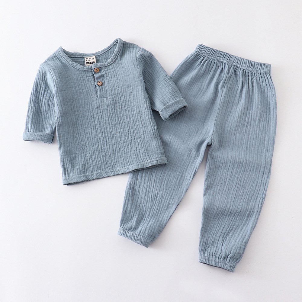 OEM Factory Supply Baby Solid Color Long Sleeve T Shirt and Pants Summer Autumn Muslin Linen Set for Boys