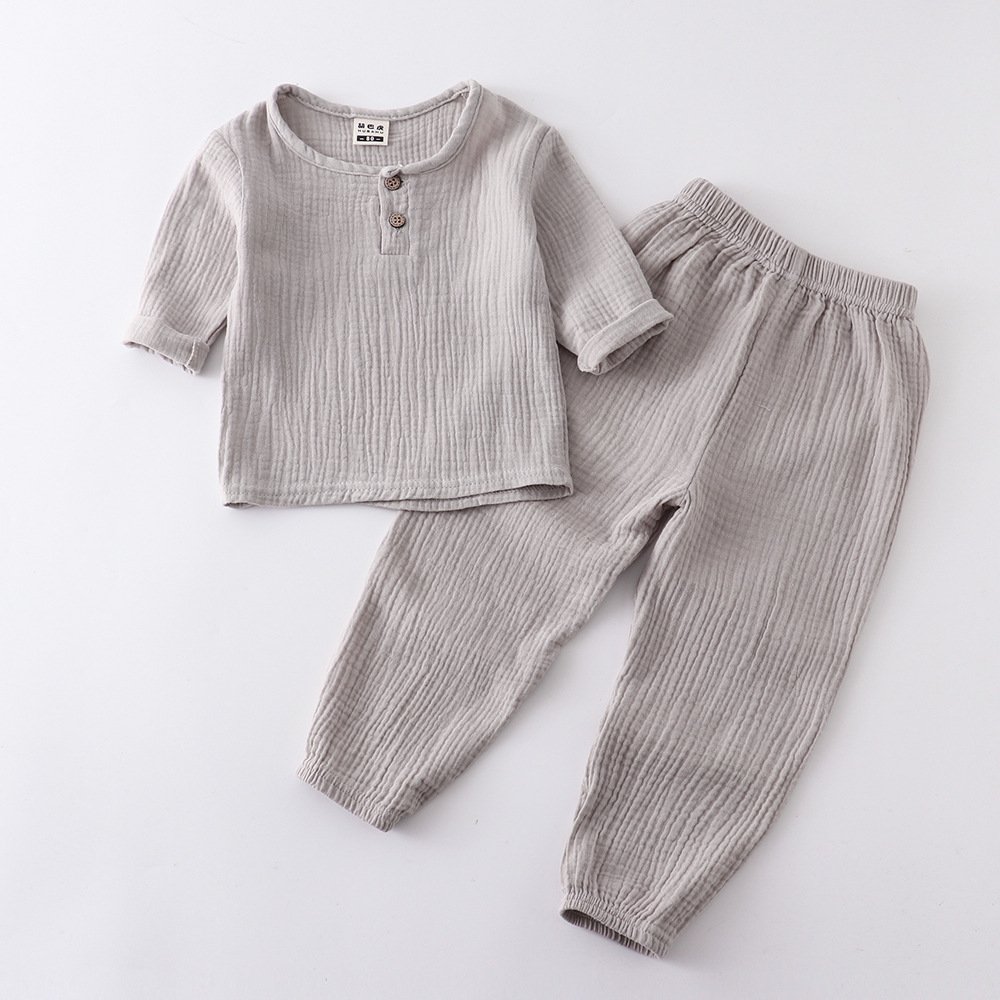 OEM Factory Supply Baby Solid Color Long Sleeve T Shirt and Pants Summer Autumn Muslin Linen Set for Boys