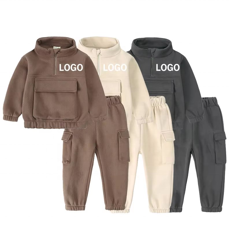 Rarewe Boys Clothing Sets Custom LOGO Square Pocket 1/4 Zip Up Hoodies Sweatpants Kids Tracksuits 2 Piece Set For Winter Fall
