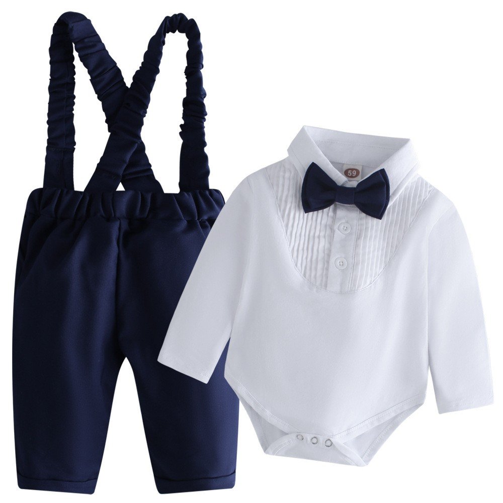 Infant Boy Gentleman Clothes White Shirt Bow Romper and Suspender Pants Birthday Party Toddler Baby Boys Clothing
