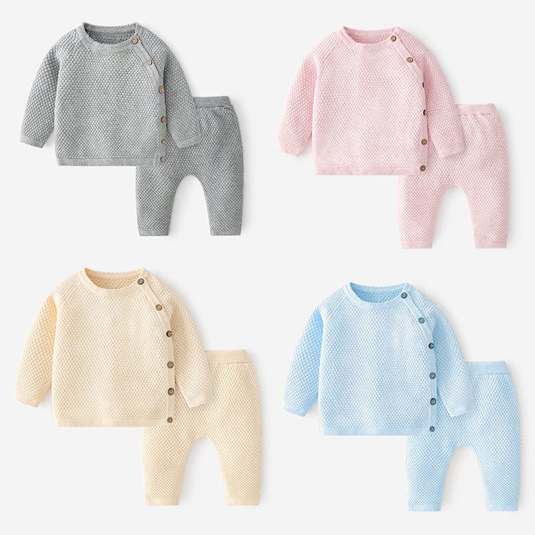 Wholesale Wool Contton Knitted Sweaters Long Sleeve Top And Pants Set Organic Cotton Baby Clothes Sweater Suit
