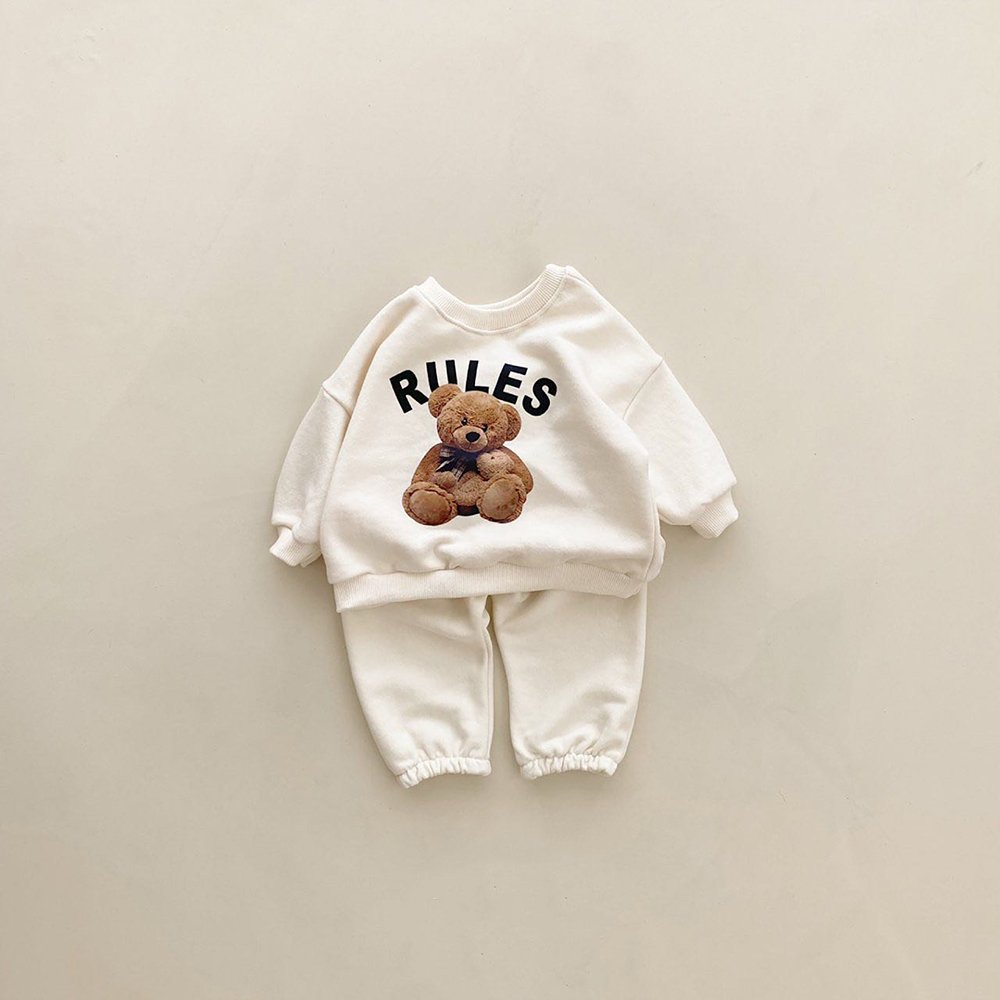 Korean 1-4Y Boys Outfit Set Toddler Girls Clothes Set Fashion Sweatshirt Tops +White Pants Spring Cartoon Bear Kids Clothes Suit