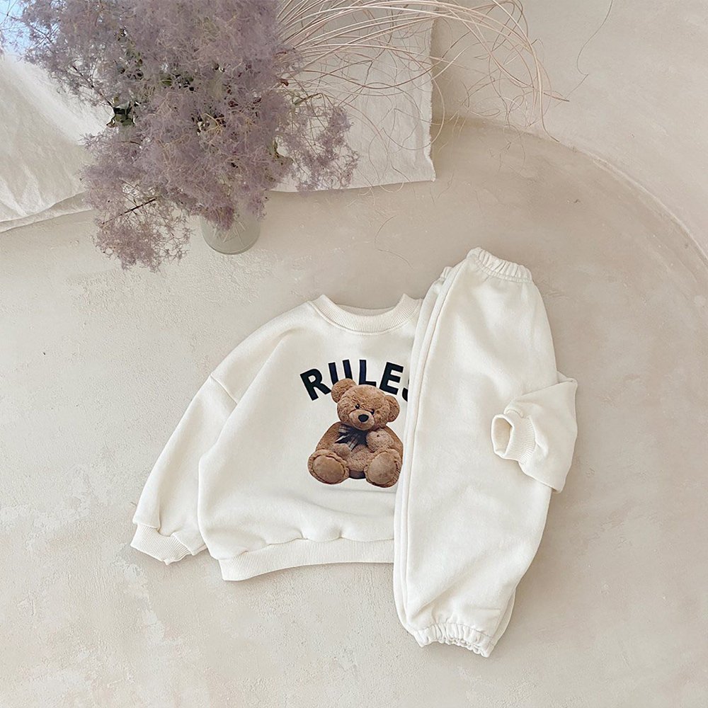 Korean 1-4Y Boys Outfit Set Toddler Girls Clothes Set Fashion Sweatshirt Tops +White Pants Spring Cartoon Bear Kids Clothes Suit
