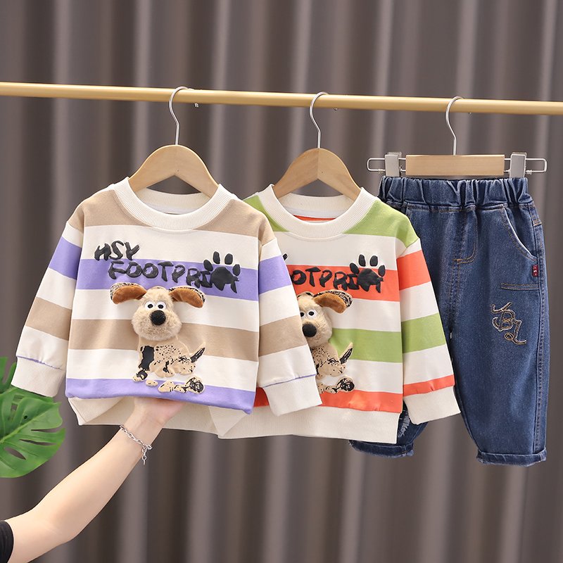 Autumn Children Suit 2024 New Boys Clothing Sets Factory Cheap Price Spring Striped 3D Dog Top Denim Pants Kids Clothes for Sale