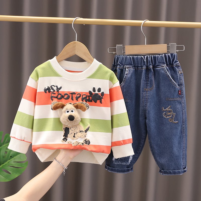 Autumn Children Suit 2024 New Boys Clothing Sets Factory Cheap Price Spring Striped 3D Dog Top Denim Pants Kids Clothes for Sale