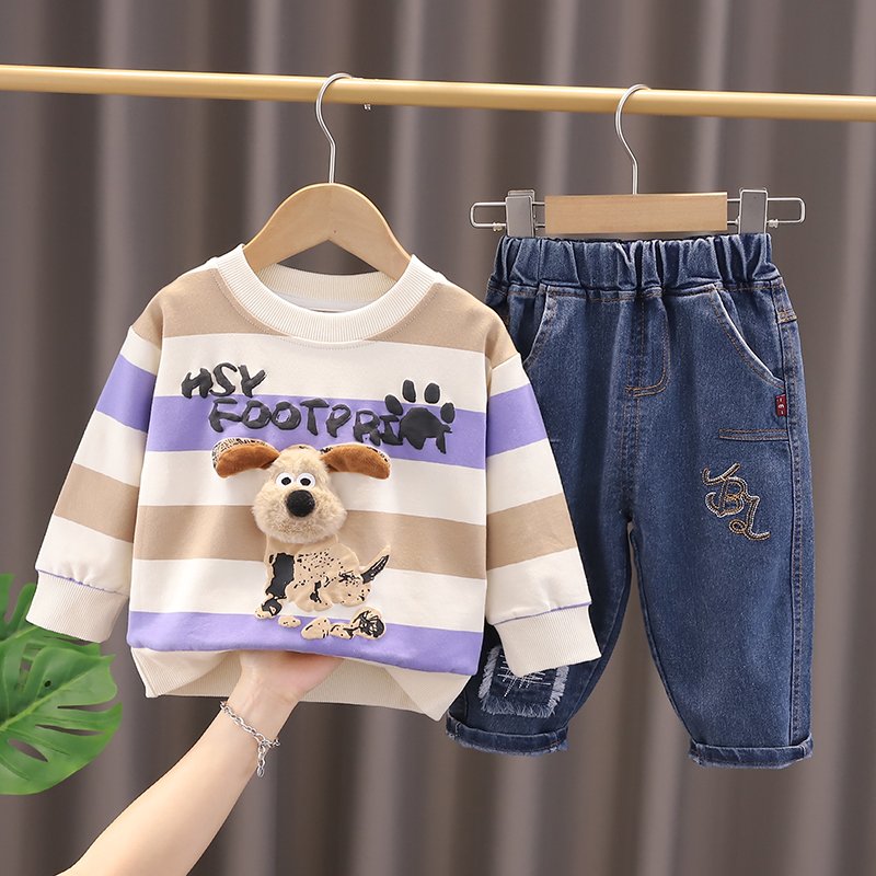 Autumn Children Suit 2024 New Boys Clothing Sets Factory Cheap Price Spring Striped 3D Dog Top Denim Pants Kids Clothes for Sale