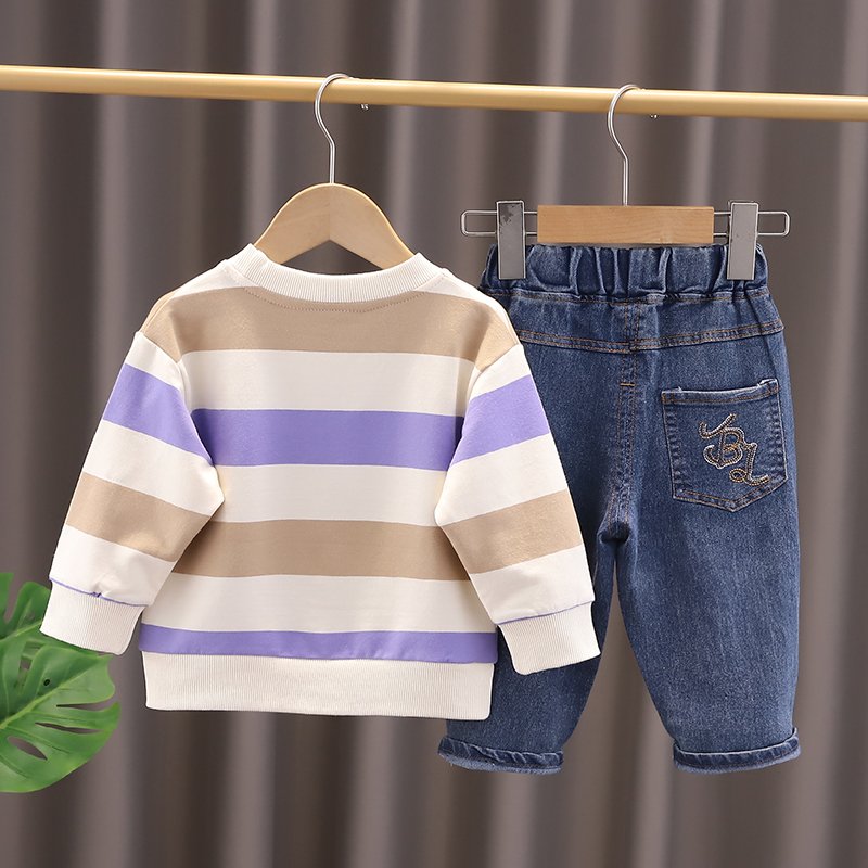 Autumn Children Suit 2024 New Boys Clothing Sets Factory Cheap Price Spring Striped 3D Dog Top Denim Pants Kids Clothes for Sale
