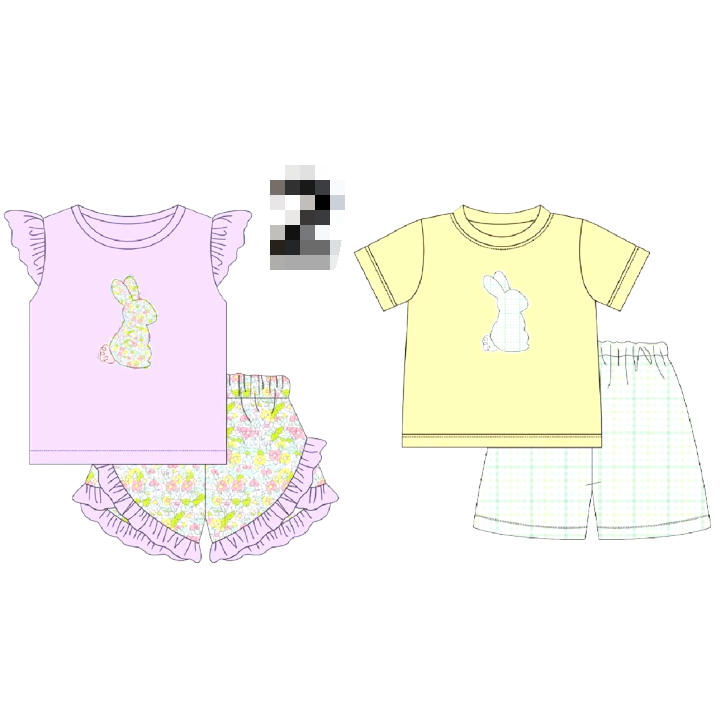 New design of children's clothing animal series short sleeve clothing plaid shorts set cute rabbit print Easter Clothing sets