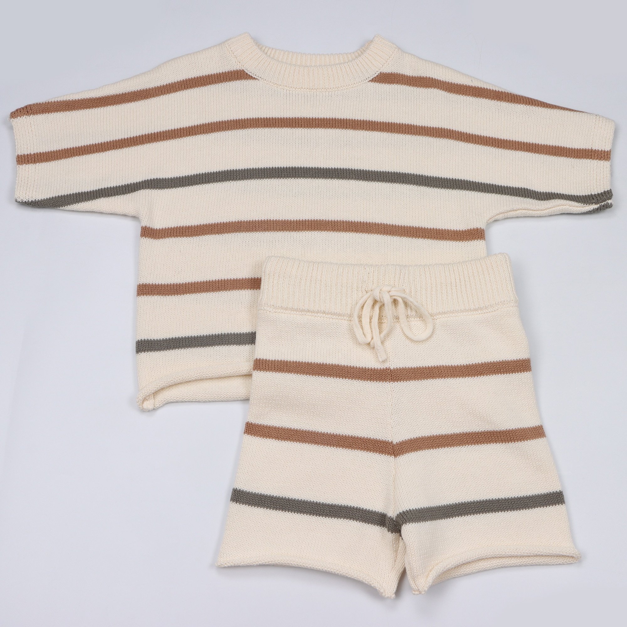 Custom Striped Short Sleeve Knitting Baby Chunky Cotton Sweater Set Crew Neck Toddler Baby Boys clothing Set Toddler Clothes