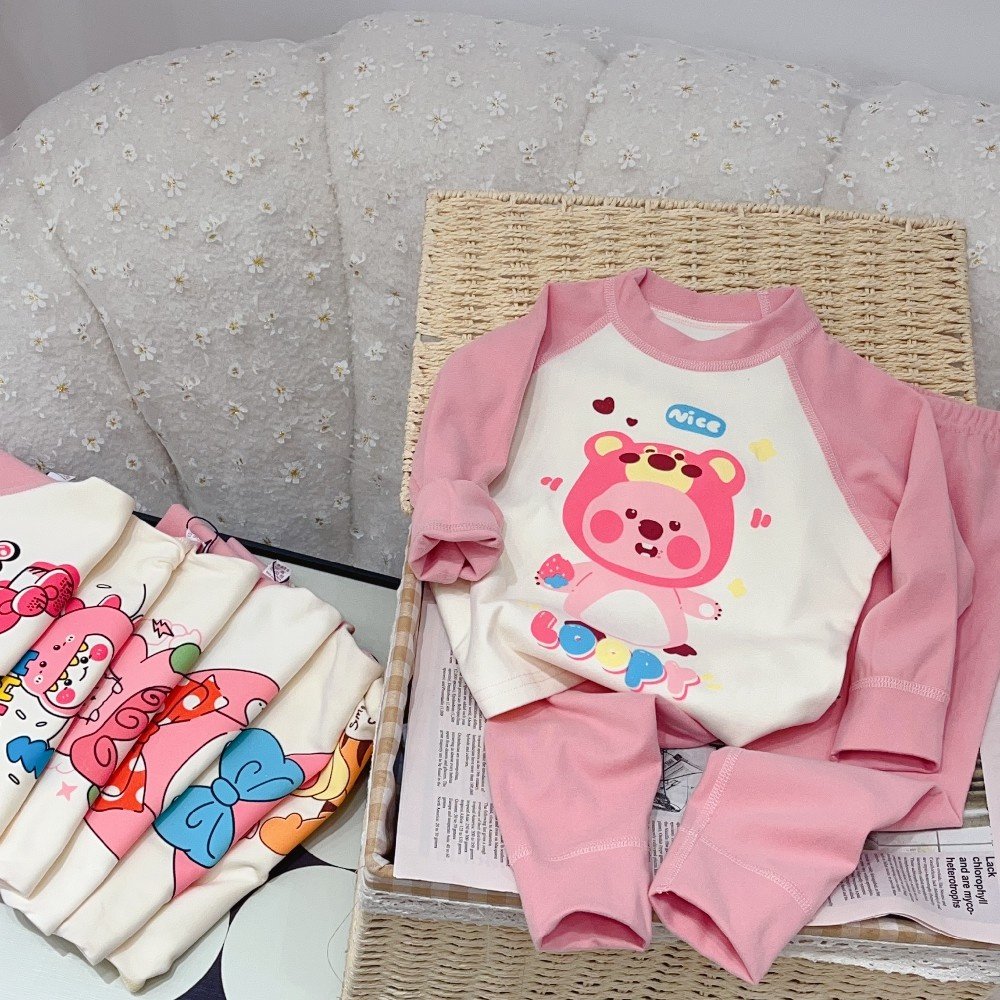 Children's clothes Girls Casual Pink Cotton Two-Piece Set Children's Long Sleeve Pants and Top with Cartoon Print for Home Wear