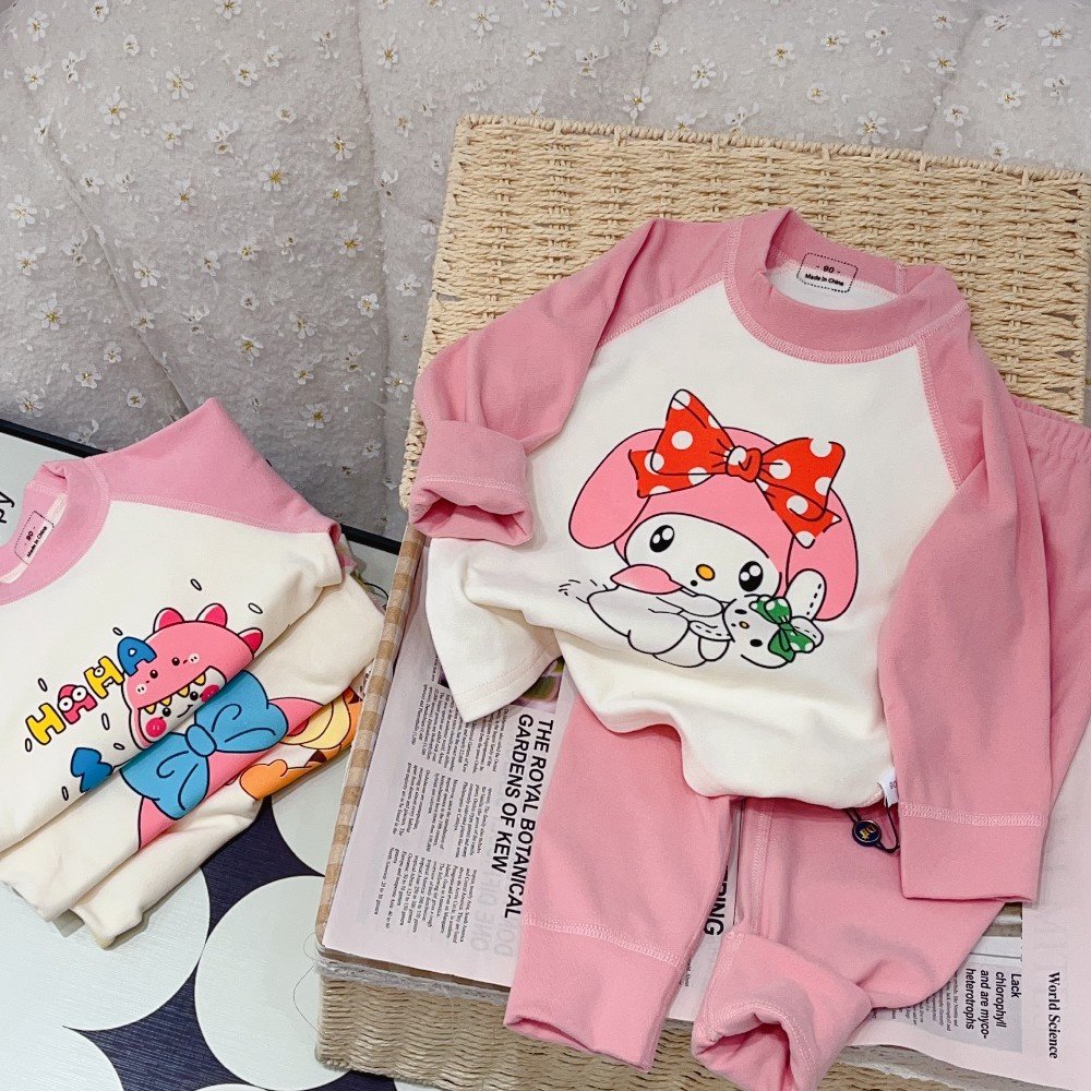 Children's clothes Girls Casual Pink Cotton Two-Piece Set Children's Long Sleeve Pants and Top with Cartoon Print for Home Wear
