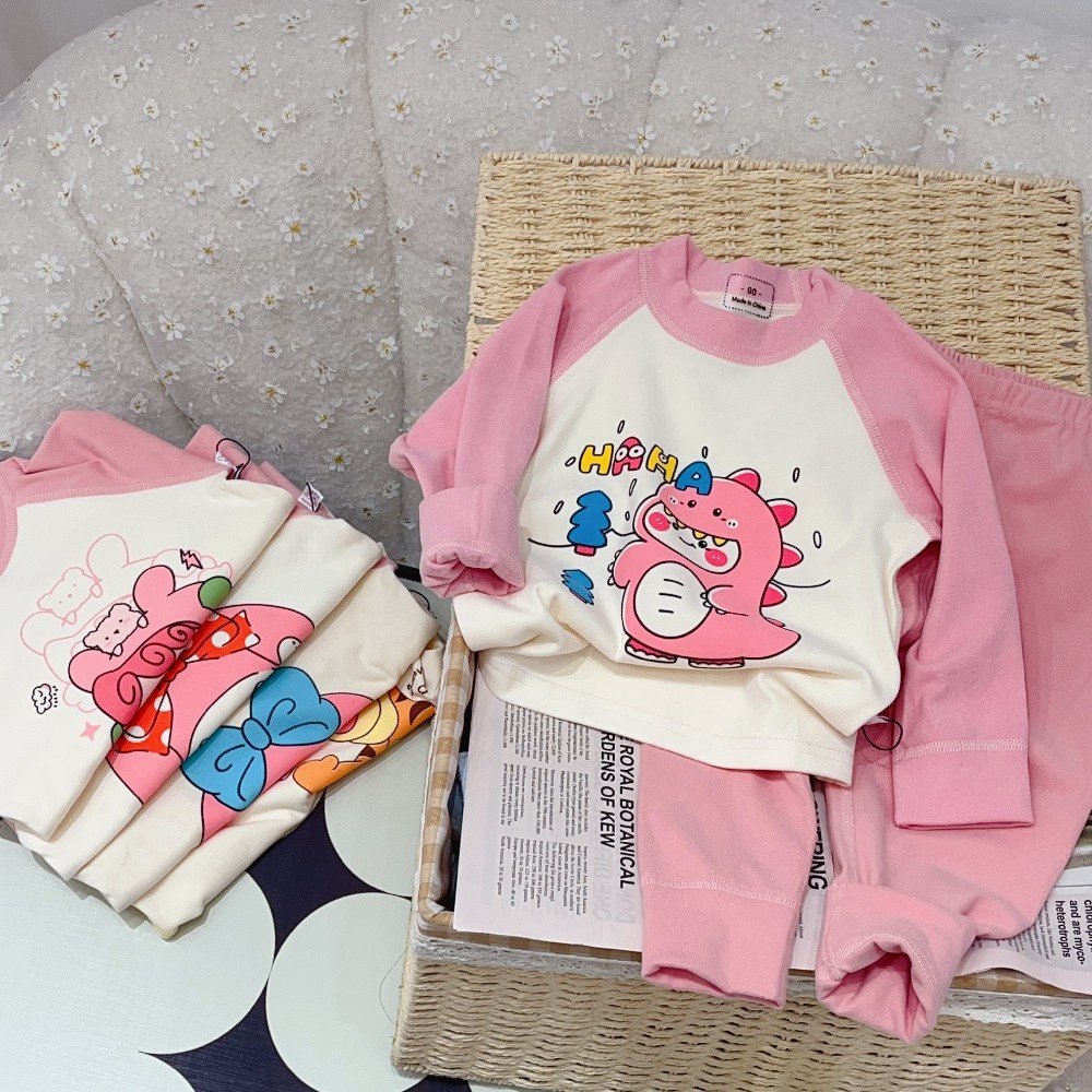 Children's clothes Girls Casual Pink Cotton Two-Piece Set Children's Long Sleeve Pants and Top with Cartoon Print for Home Wear