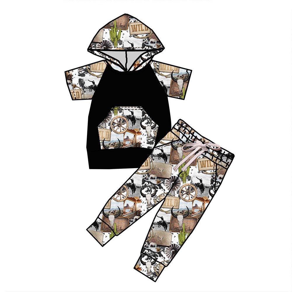 2024 New Arrive Halloween Style Print Short-Sleeved Hoodie Boys Shorts Hoodie 2-Piece Set