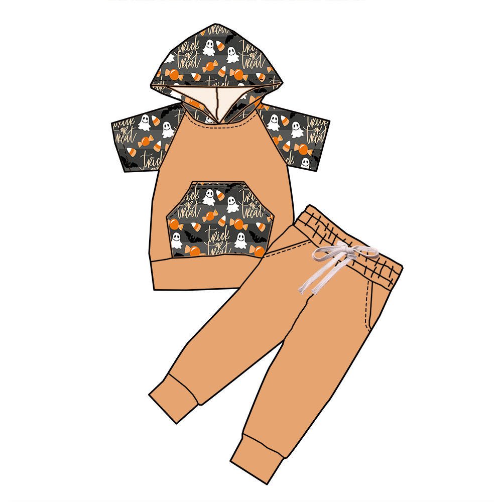 2024 New Arrive Halloween Style Print Short-Sleeved Hoodie Boys Shorts Hoodie 2-Piece Set