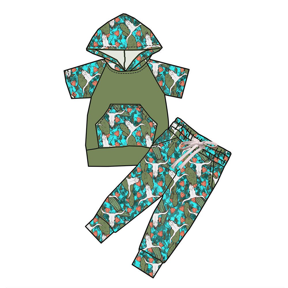 2024 New Arrive Halloween Style Print Short-Sleeved Hoodie Boys Shorts Hoodie 2-Piece Set
