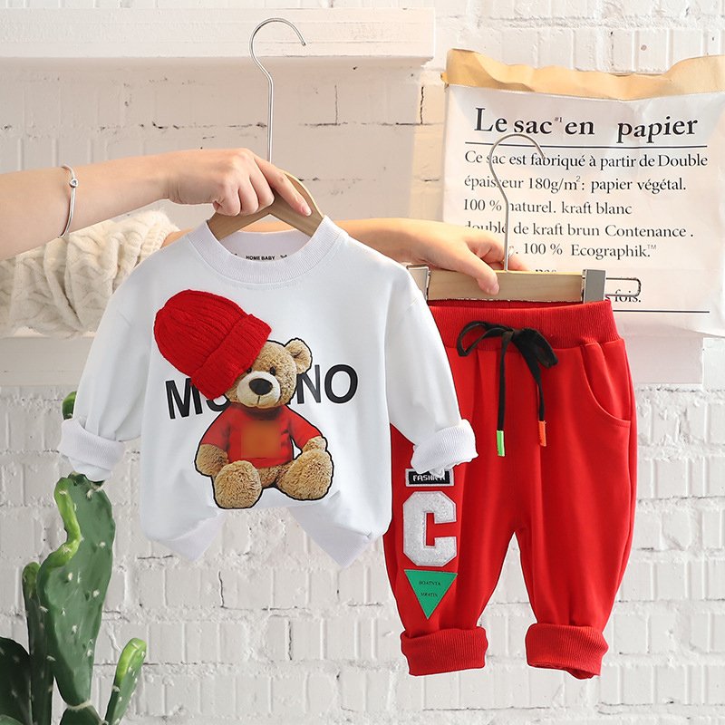 Baby Set Boys Sweaters Autumn Solid 2pcs Boy Clothing Sets 1-6T Handsome Long Sleeve Cartoon Bear Pants Toddler's Boys Suit