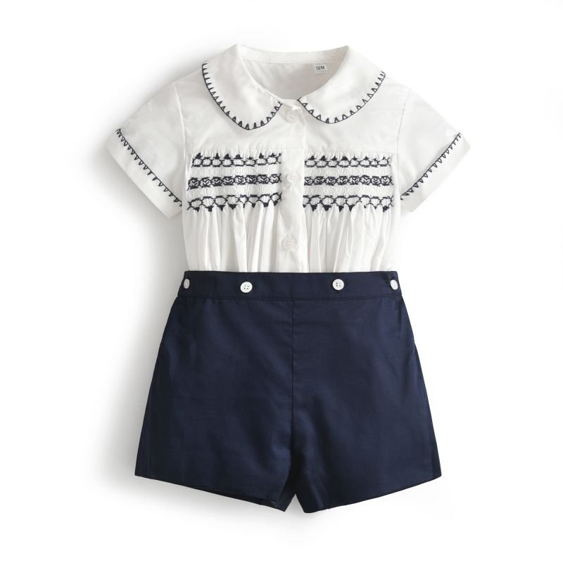 Summer Boutique Baby Boy Clothes Suit Hand Made Smocked Shirt Short Pants Children Birthday Prince Outfits Kids Clothing Set
