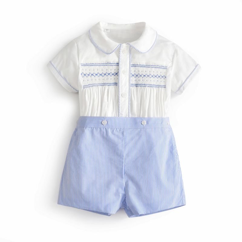 Summer Boutique Baby Boy Clothes Suit Hand Made Smocked Shirt Short Pants Children Birthday Prince Outfits Kids Clothing Set