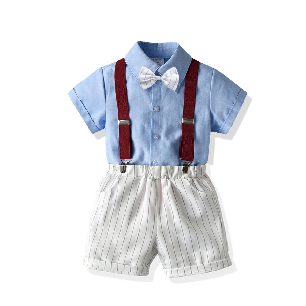 British Gentlemen's Children's Wear Boys Middle And Small Summer Cotton Short Sleeve Shirt Suspenders 4 Piece Set