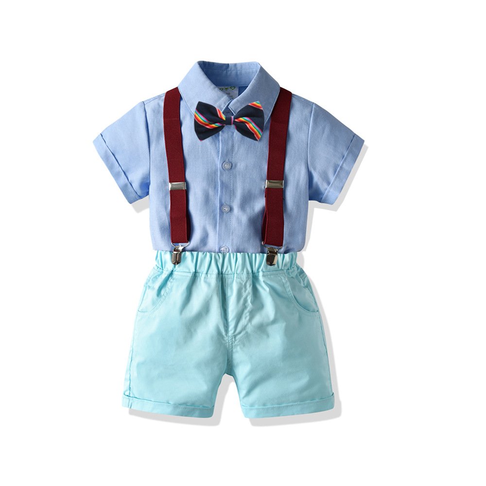 British Gentlemen's Children's Wear Boys Middle And Small Summer Cotton Short Sleeve Shirt Suspenders 4 Piece Set