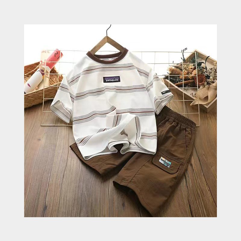 Boys Summer Suit 2024 Thin cotton Cool Casual Children Striped Short sleeved T-shirt Cargo shorts leisure set