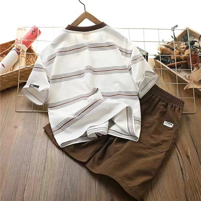 Boys Summer Suit 2024 Thin cotton Cool Casual Children Striped Short sleeved T-shirt Cargo shorts leisure set