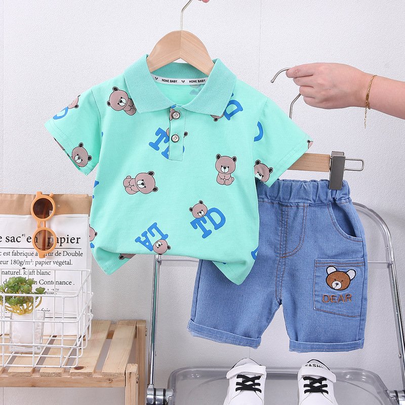 Wholesale cotton high quality cheap children's POLO short sleeve shirts and jeans two children's clothing sets