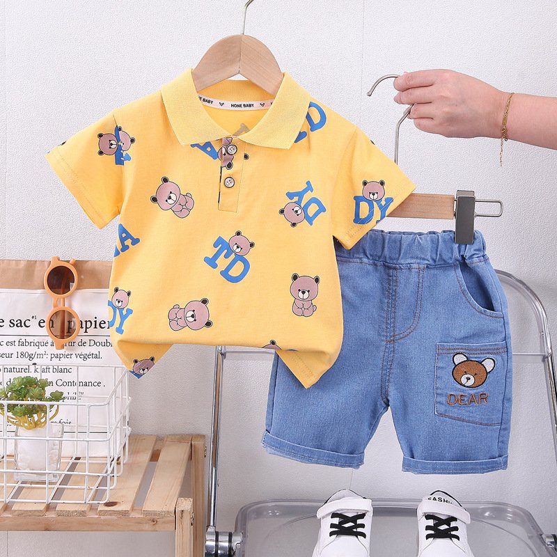 Wholesale cotton high quality cheap children's POLO short sleeve shirts and jeans two children's clothing sets